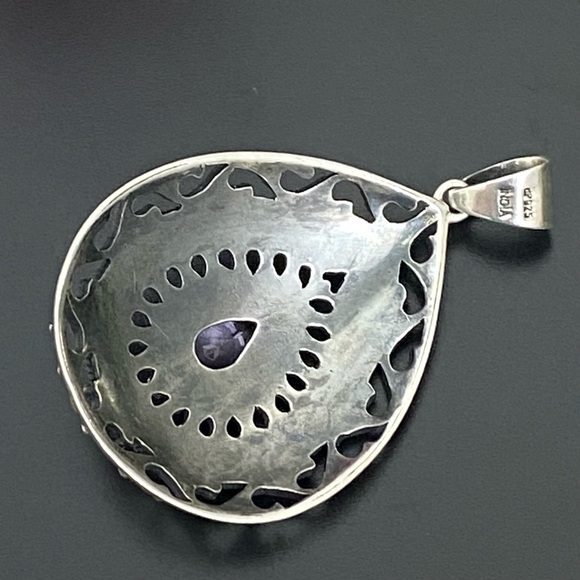 Vintage DP 925 Sterling Silver Filigree Bali Amethyst Large Teardrop Pendant 26g - Picture 7 of 16